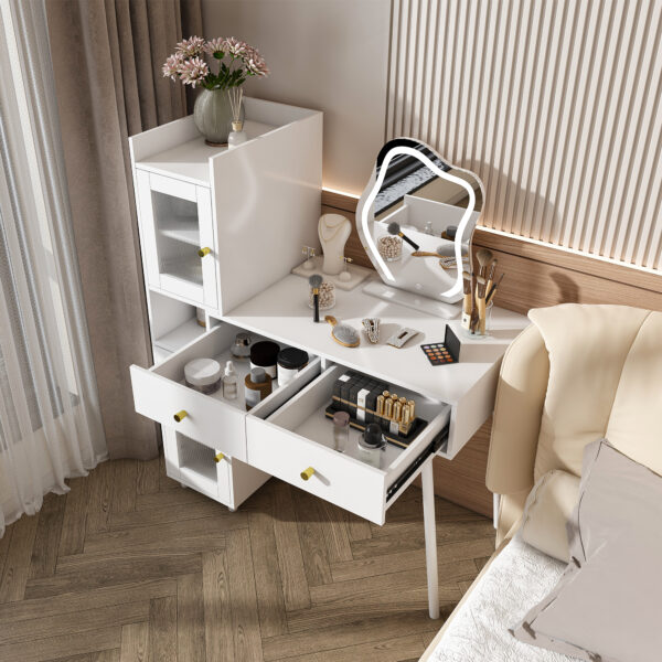 046e85e0707e4ff3bc52da541ce168ec_b8c00657bd2c998b71002a2d9b8535d3 Vanity Dressing Table with LED Mirror & Storage – White Makeup Desk Features 3 Drawers, 2 Open Shelves & 4 Hidden Cabinets (Transparent Doors) - 3 Adjustable Lighting Modes - Ideal for Bedroom or Livi