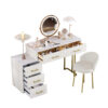 Velvet Upholstered Vanity Desk with Chair, Vanity Set with 5 Big Drawers, Makeup Table with Padded Chair, Marble-Look Sticker Top Dressing Table with Left/Right Adjustable Storage, Beige