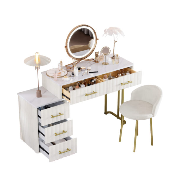 Velvet Upholstered Vanity Desk with Chair, Vanity Set with 5 Big Drawers, Makeup Table with Padded Chair, Marble-Look Sticker Top Dressing Table with Left/Right Adjustable Storage, Beige