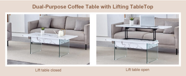 04a9679a131b49be9a3bdfcf9cfa21ff_9b239c63e2e94b00cda8e79bbff2a62f Multifunctional Lift Top Coffee Table -White Marble Pattern, Essential for Modern Homes.Tempered Glass Legs,Multiple Color Options,Lift Top Feature.Perfectly Fitting Into Both Living Rooms And Office.
