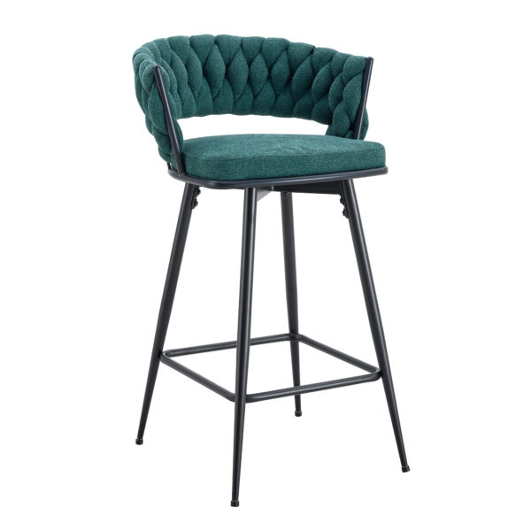 Two rotating bar stools with breathable cotton and linen soft cushions, in a retro green seat and black spray-painted iron frame, suitable for both restaurants and bars