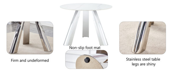 055694dc57f04f10b0f60ac0442c95b9_c9f5c742a22b475651dcc8dcb667b239 A 42-inch stainless steel leg round table with a marble top is suitable for use by four or six people