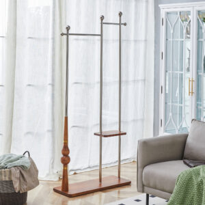 70" Industrial Coat Rack, Solid Wood & Silver Stainless Steel Clothing Rack, Double Layer Hanger for Coats, Hats, Bags, Shoes, Vintage Wood Grain (34.6" Wide)