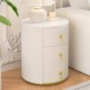 Upholstered Nightstand with 3 Drawers, Round Bedside Table with Metal Handles,Marbling Stickers Top Night Table for Bedroom, Fully Assembled Except Handles, Beige