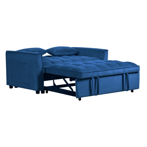 3 in 1 Convertible Sleeper Sofa Bed, Modern Pull Out Couch Bed, Adjustable Backrest, Velvet Loveseat Futon Sofa with Pillows & Pockets for Living Room Apartment, Blue