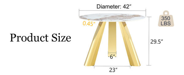 057e8e7023094fdf81e9d49dd00cd4d2_3a76f4d14eff90016b5cb3dac9026b07 A 42-inch stainless steel white pattern burning stone round table with gold legs Round table suitable for 2, 4 or 6 people