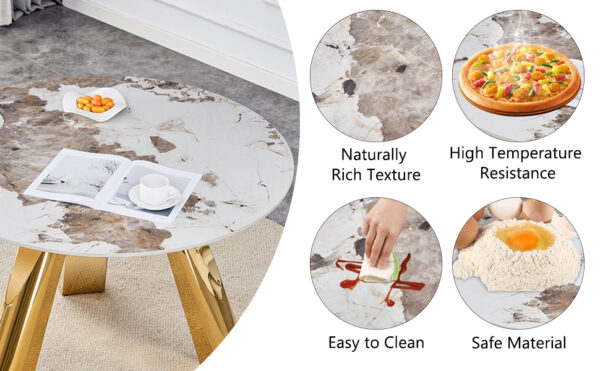 05a422b07bbd4e8ab4551290962f4c88_98596bd25970af19d018b05c257b2aaa A 42-inch stainless steel white pattern burning stone round table with gold legs Round table suitable for 2, 4 or 6 people