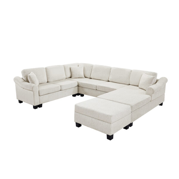 Sectional Sofa 111.8" U-shaped Sofa Chenille Upholstered Sofa Couch with Movable Storage Ottoman for Living Room, White