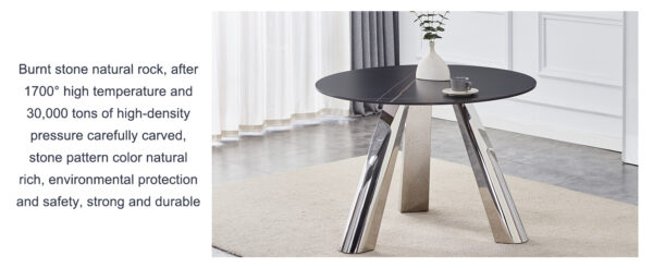 06346874b9de4a7e9e163f6043e5dcd3_f5c6ca628b0017bd09484275dcabb571 A 42-inch burn stone round table with stainless steel legs can accommodate 4 or 6 diners