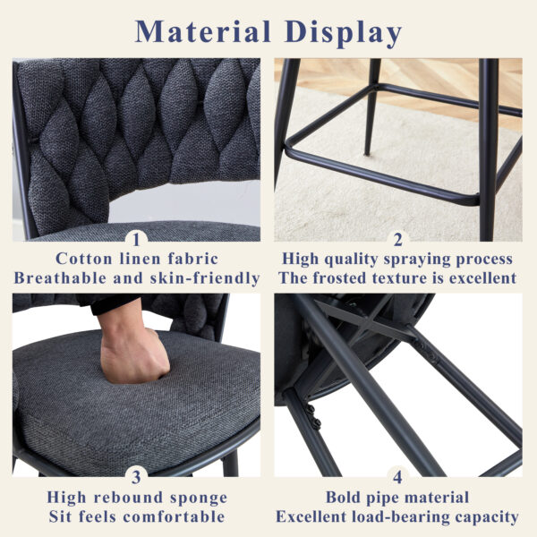 064ad61e055d4b1c98650bd9ac9b5bfc_c12e7226a6f2ba3b94856c394fe8dc3d Two sets of rotating high-legged stools with breathable cotton and linen cushions, Dark gray seats paired with black spray-painted iron frames, suitable for both restaurants and bars