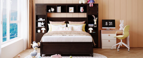 Full Size Wooden Bed With All-in-One Cabinet and Shelf, Espresso