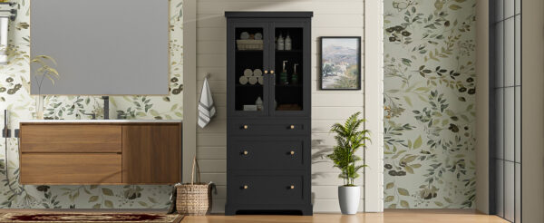 70.1" Modern High Freestanding Tall Bathroom Cabinet with 2 Adjustable Shelves, 3 Drawers, Soft Close Glass Doors – Ideal for Bathroom, Living Room, Kitchen Storage