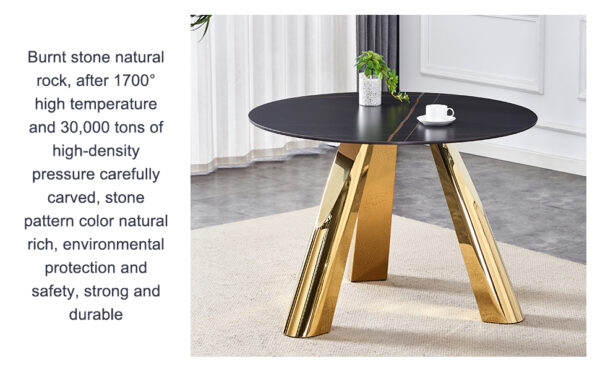 0721d9c85a354276bc1cb7ff155669d2_4448d4d03cee00d155464e610fd1c641 The 42-inch stainless steel gold-plated flamed granite round table with seating for 4 or 6 people is perfect for dining, entertaining, or as a conference table