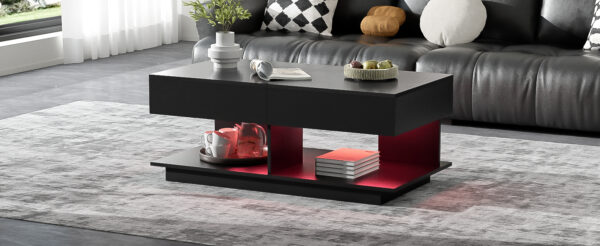 U-Can 41.3''-76.7'' Extendable Coffee Table, Efficient Central Coffee Table with Multiple Storage Compartments, Multifunctional Adjustable Coffee Table with Hidden Storage Space for Living Room