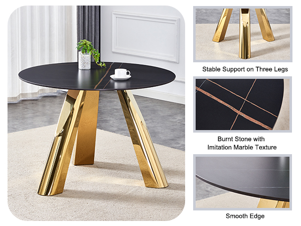 07a7663a07754713a006e94338a265e6_009fb2d15e0ecdacbc984635bf6e3da2 The 42-inch stainless steel gold-plated flamed granite round table with seating for 4 or 6 people is perfect for dining, entertaining, or as a conference table
