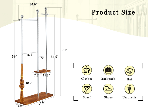 70" Industrial Coat Rack, Solid Wood & Silver Stainless Steel Clothing Rack, Double Layer Hanger for Coats, Hats, Bags, Shoes, Vintage Wood Grain (34.6" Wide)