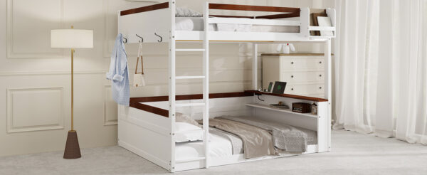 Queen Size Wooden Bunk Bed with Built-in Shelves,Storage Box,LED Light and USB Charging Station,White(ETA:6/30)