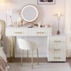 Velvet Upholstered Vanity Desk with Chair, Vanity Set with 5 Big Drawers, Makeup Table with Padded Chair, Marble-Look Sticker Top Dressing Table with Left/Right Adjustable Storage, Beige