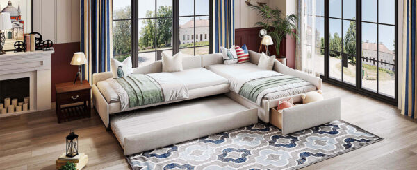 Upholstered Double Twin Size Daybed with Trundle and Drawer, Beige(Expected Arrival Time: 6.27)