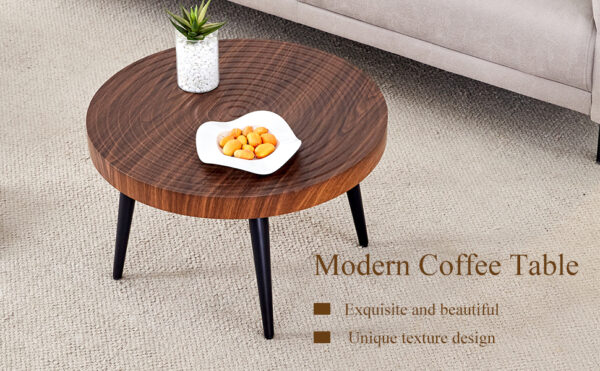 0ab4b6e1c7b04de1935c78f3c08aca12_47dfbf0de47ffb6d7912de48dfdf5273 Modern Round Coffee Table - Annular Texture, Durable and Robust With a Diameter of 23.6 inches.Exquisite Suction Molding Process,Walnut Color Pattern Design,Black Sprayed Metal Leg.