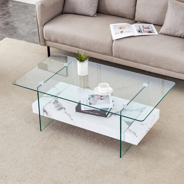 0b77acf5231141eebafe17f0a37bb2bc_968f1772b9c5988fb94c4c23f8398d44 43.3 Inch Modern Two-Tier Coffee Table - An Elegant Combination of Clear Glass and White Marble Pattern.It can be used not only as a coffee table but also as a side table or display stand.