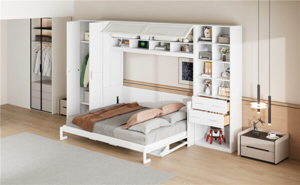 Queen Size Murphy Bed Wall Bed with Closet , Drawers and Shelves, White