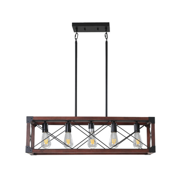 (Same as W1340P155968/L1011-RW) 32" Red Wood Industrial Farmhouse Rectangle Pendant Light, 5-Light Chandelier for Dining Room, Kitchen Island, Cafe Decor (No Bulbs)
