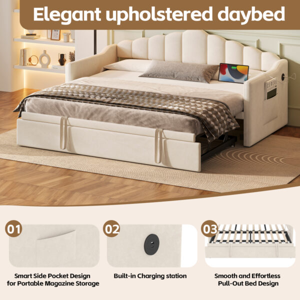 Upholstered Twin Size Daybed with Adjustable Height Pop Up Trundle Twin Bed and USB & Type-C Charging Port, Day Bed Frame with 2 Side Pockets, No Box-Spring Needed, Beige