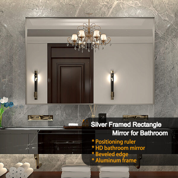 36x24inch Glossy Brushed Silver Framed Mirror For Bathroom Rectangular Wall Bathroom Mirror Metal Frame Farmhouse Mirror Large Decorative Square Corner Rectangle Mirror(Horizontal & Vertical)
