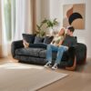 Modern Elegant Design 3 Seater Sofa with Wooden Legs, Comfortable Lambswool 5 Pillows for Living Room, Bedroom, Apartment, Black