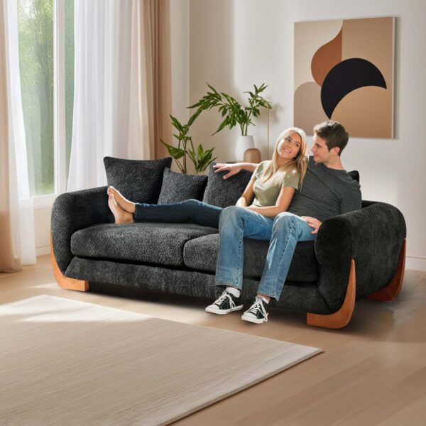 Modern Elegant Design 3 Seater Sofa with Wooden Legs, Comfortable Lambswool 5 Pillows for Living Room, Bedroom, Apartment, Black