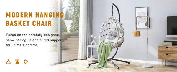 GRHeavy-Duty Iron Hanging Chair with Wicker Weave – Single Person Swing for Indoor/Outdoor (Gray)