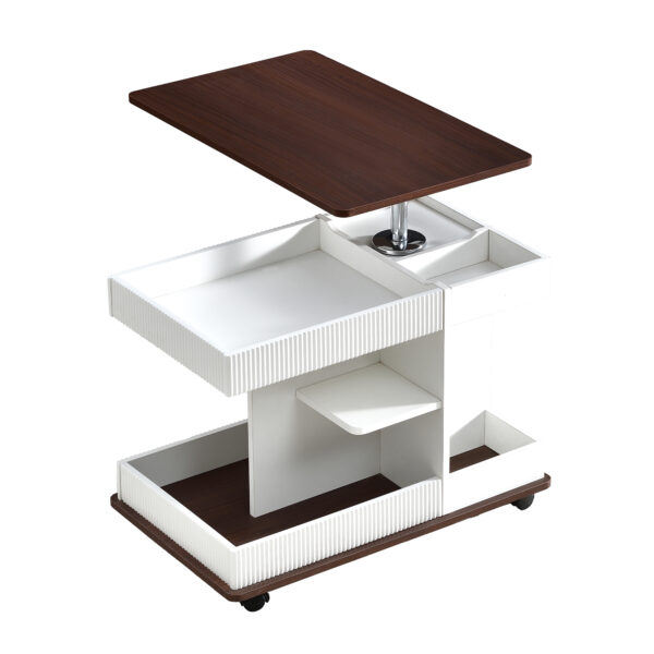 U-Can Adjustable End Table with Wheels, Modern Multifunctional Sofa Side Table with Lift-Top, 360°Rotating Top and Storage Space for Living Room, Small Space