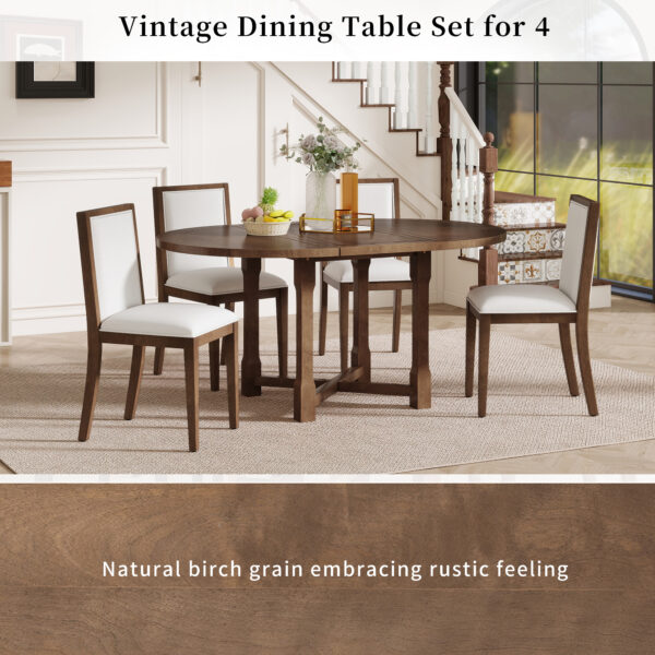 TREXM 5-Piece Extendable Dining Table Set for 4, Round Dining Table for 4 with Upholstered Chairs, Farmhouse Kitchen Table Set with Removable Leaf for Dining Room and Kitchen (Brown)