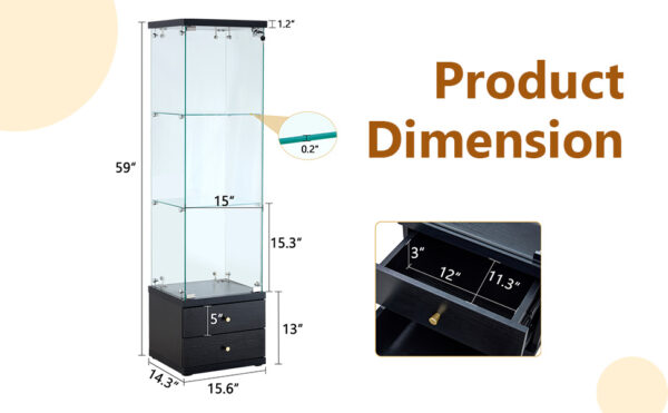 American-Style Non-Lit Glass Display Cabinet (0.2" Tempered Glass) – Soft-Close Drawer Slides  3 Adjustable Shelves, Ideal for Display & Storage