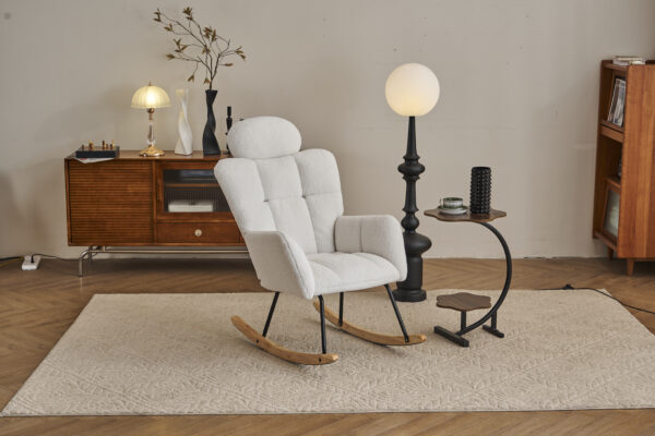 055-Teddy Fabric Upholstered Nursery Rocking Glider Chair Modern Accent Armchair Padded Seat with High Backrest and Pillow for Living Room Bedroom (Ivory)