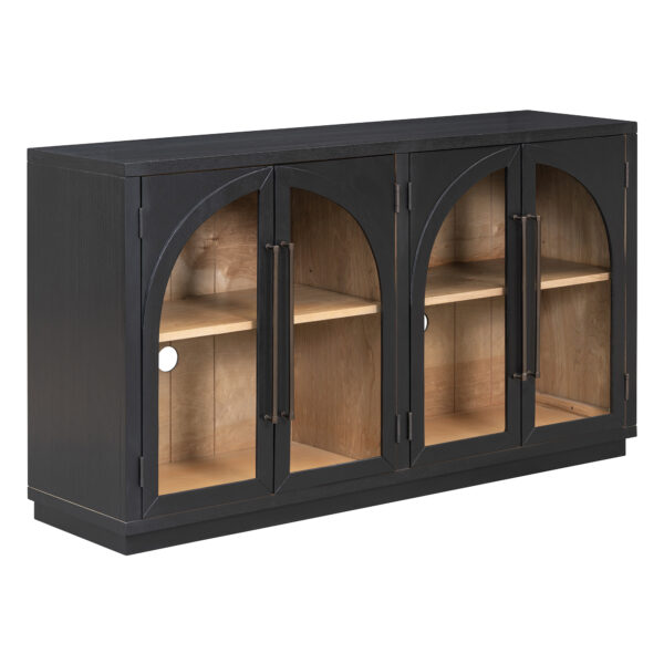 TREXM 4-Door Large Storage Sideboard Buffet Cabinet with Glass Doors, Arched Cabinet with Adjustable Shelves for Kitchen, Dining Room and Living Room (Black)