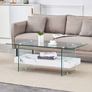 43.3 Inch Modern Two-Tier Coffee Table - An Elegant Combination of Clear Glass and White Marble Pattern.It can be used not only as a coffee table but also as a side table or display stand.