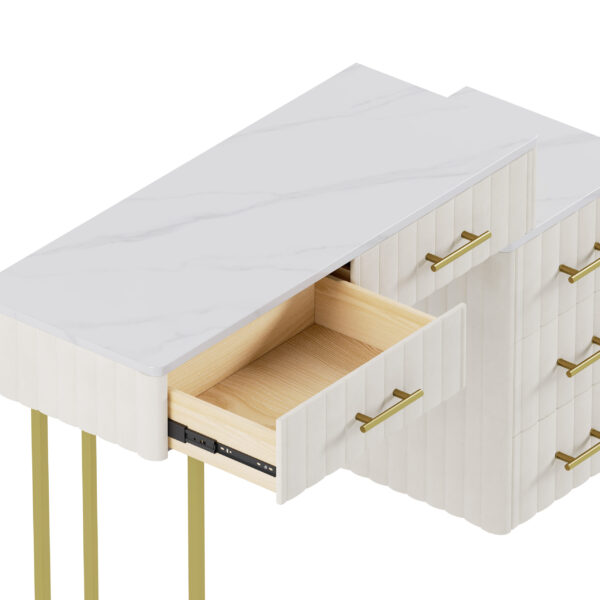 Velvet Upholstered Vanity Desk with Chair, Vanity Set with 5 Big Drawers, Makeup Table with Padded Chair, Marble-Look Sticker Top Dressing Table with Left/Right Adjustable Storage, Beige