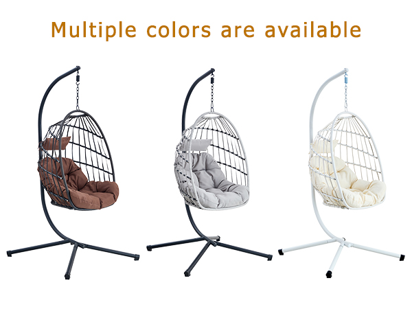Indoor Outdoor Egg Swing Chair with Stand, Patio Grey Wicker Rattan Hanging Chair with Rope Back, Cushion,Cover,All Weather Foldable Hammock Chair for Bedroom, Porch, Garden