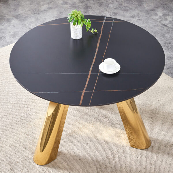 0f7de5bd317644c98903a1e437c23c9a_14d305afb1ba401bea67f0d910c2188e The 42-inch stainless steel gold-plated flamed granite round table with seating for 4 or 6 people is perfect for dining, entertaining, or as a conference table
