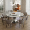59" Round Sintered Stone Dining Table Set with Stainless Steel Black Titanium Hourglass Base & 8 Gray Padded Chairs – Modern Luxury Marble-Look Kitchen Table for 6-8, Scratch & Heat Resistant Surface