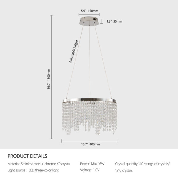 16-inch Luxury Crystal LED Chandelier - Adjustable Height and Color Temperature (3000K-6000K) - Modern Chandelier for Living Room, Dining Room and Bedroom