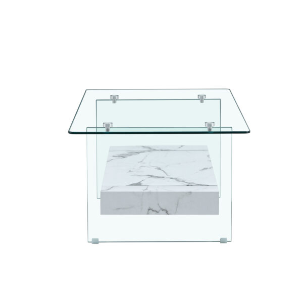 0fcb7ca0d3474de9bd6bd1b50a38e277_f368fd8faa1fcba1db107859ead31e94 43.3 Inch Modern Two-Tier Coffee Table - An Elegant Combination of Clear Glass and White Marble Pattern.It can be used not only as a coffee table but also as a side table or display stand.