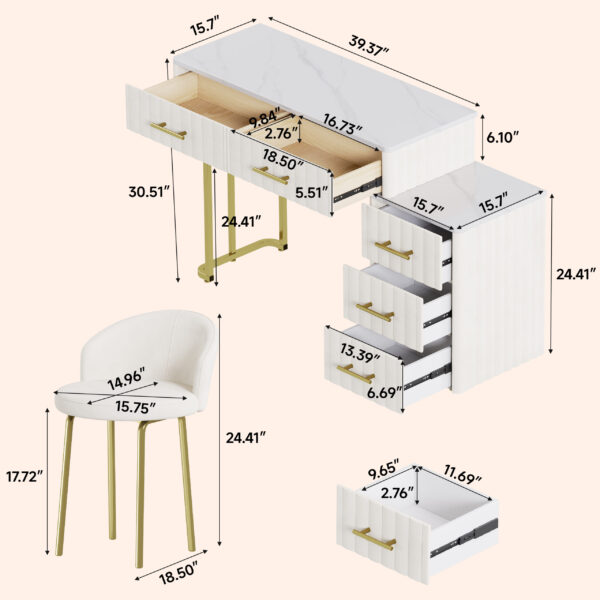 Velvet Upholstered Vanity Desk with Chair, Vanity Set with 5 Big Drawers, Makeup Table with Padded Chair, Marble-Look Sticker Top Dressing Table with Left/Right Adjustable Storage, Beige