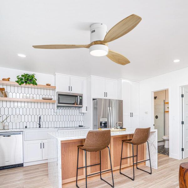(Same as W882P244711) 52 Inch Flush Mount Ceiling Fan DC 3 Solid Wood Fan Blade Noiseless Reversible Motor Remote Control With Light