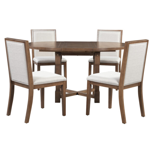 TREXM 5-Piece Extendable Dining Table Set for 4, Round Dining Table for 4 with Upholstered Chairs, Farmhouse Kitchen Table Set with Removable Leaf for Dining Room and Kitchen (Brown)