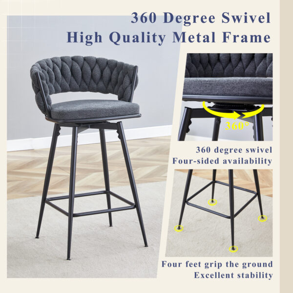 10912809137e48fc9e4ba295b700a8db_d07e7e5178c1d8bb515298a96fad9acc Two sets of rotating high-legged stools with breathable cotton and linen cushions, Dark gray seats paired with black spray-painted iron frames, suitable for both restaurants and bars