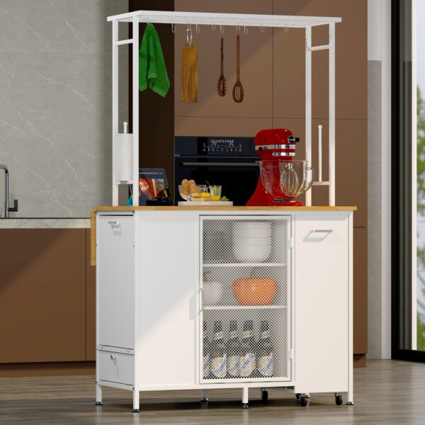 Kitchen Island with Storage Space, Breakfast Bar with Folding Flip-Up Panel, Large Storage Cabinet Shelves and Drawers, Large Coffee Bar Table with Hooks, White