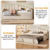 Upholstered Twin Size Daybed with Adjustable Height Pop Up Trundle Twin Bed and USB & Type-C Charging Port, Day Bed Frame with 2 Side Pockets, No Box-Spring Needed, Beige